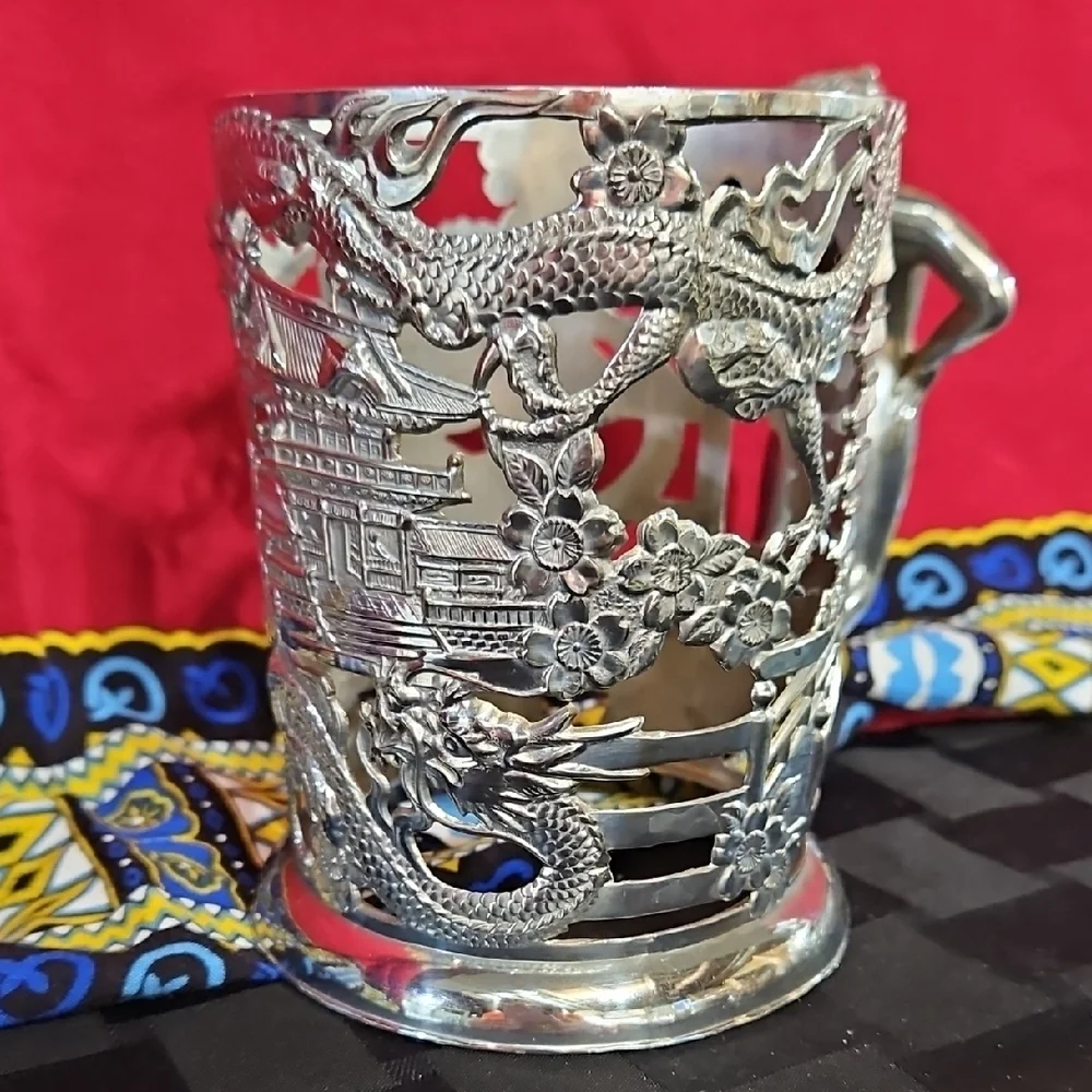 Japanese Cut Silver Plated Stein Tankard Holder with Nude Handle